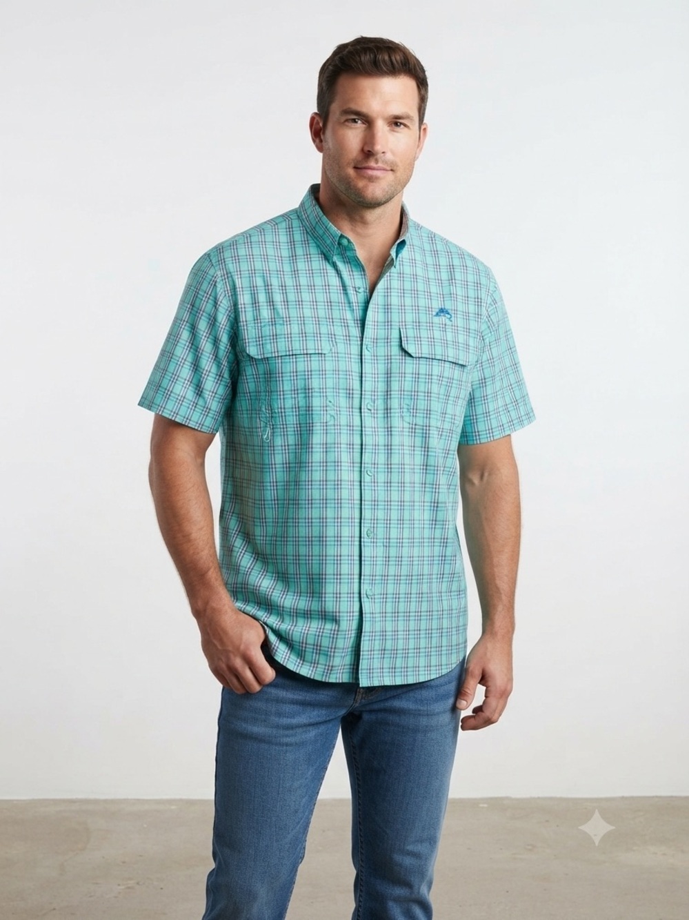 Field & Stream Men's Short-Sleeve Plaid Button-Down Shirt - Aqua & Navy